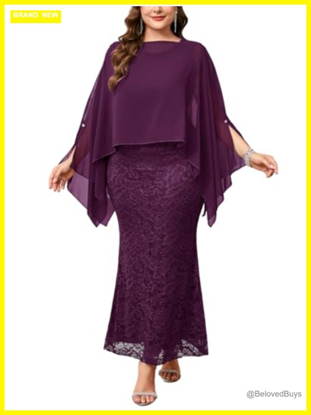 Plus Size Lace Mermaid Formal Dress Chiffon Cape Mother of Bride